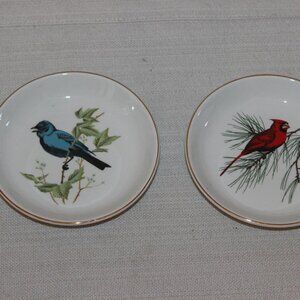 Vintage Crown Staffordshire Bird Butter Plates - Cardinal, Finches